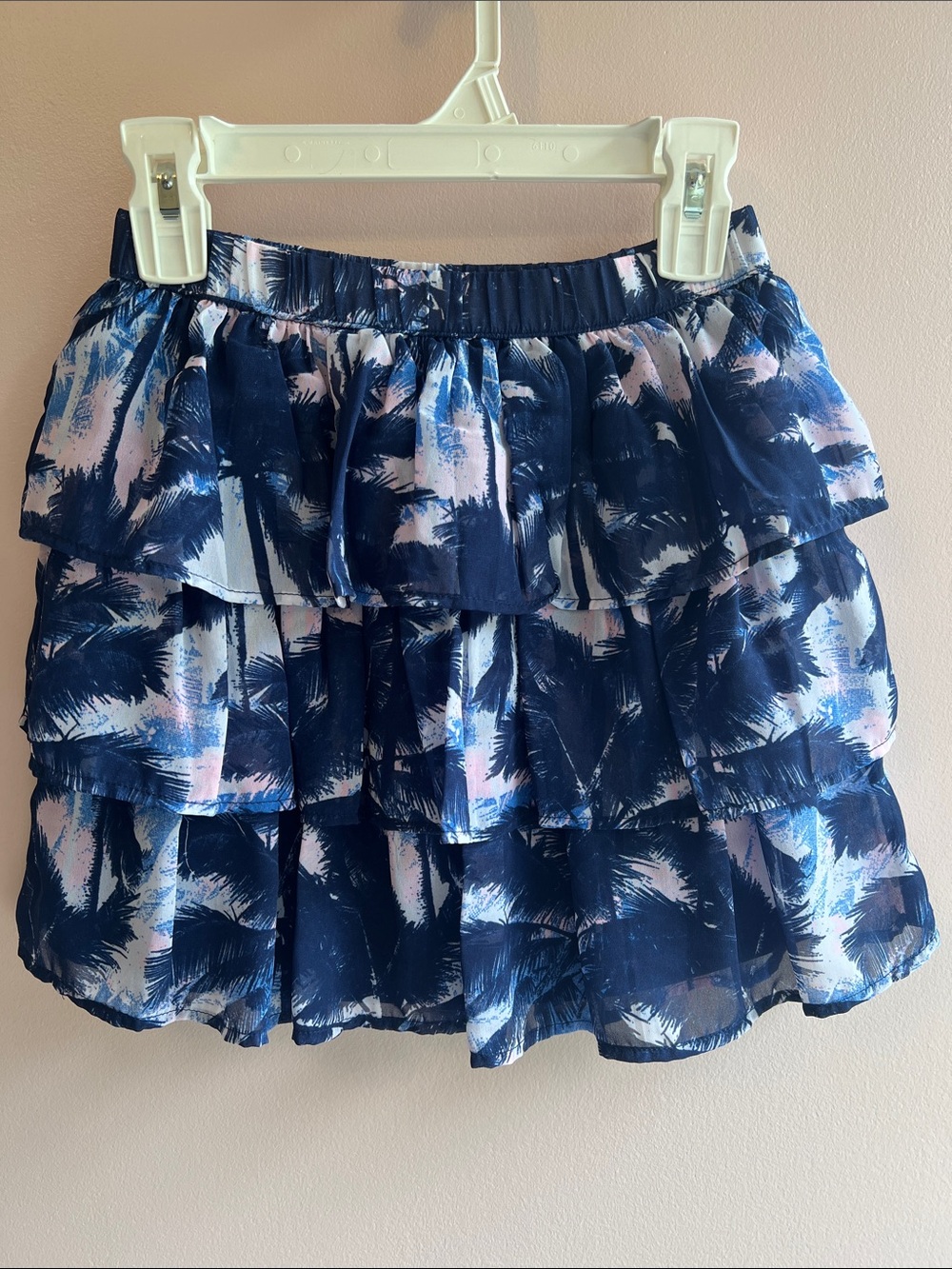 H&M Navy and Light Pink Tiered Palm-Print Skirt